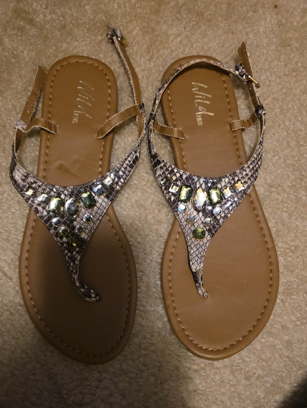 Wild Pair Tan Snake-Print Gem T-Strap Sandals